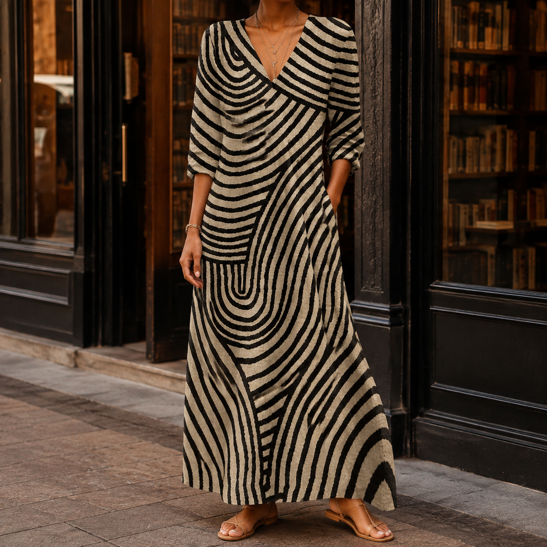 Laurel Swirl Maxi Dress - Black And Beige