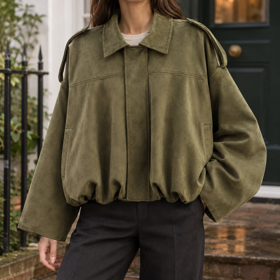 Molly Suede Bomber Jacket - Army Green