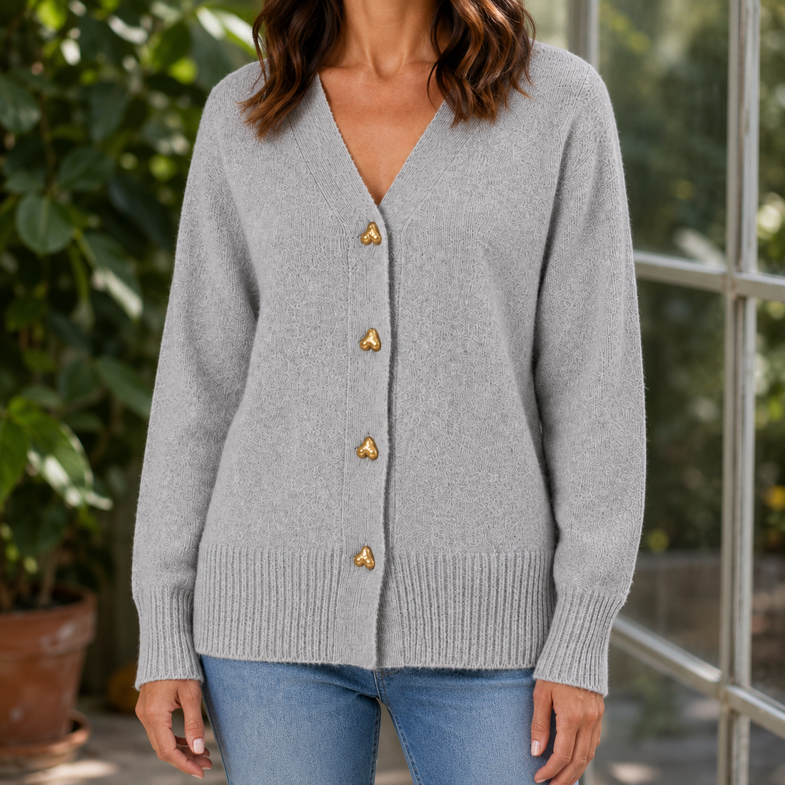 Brigitte Heart Button Sweater - Gray