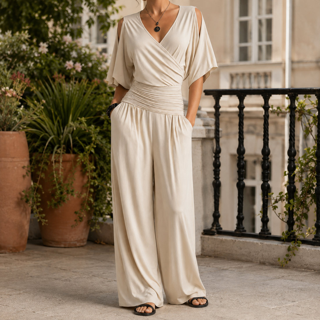 Verity-Grace Wrap Jumpsuit - Beige