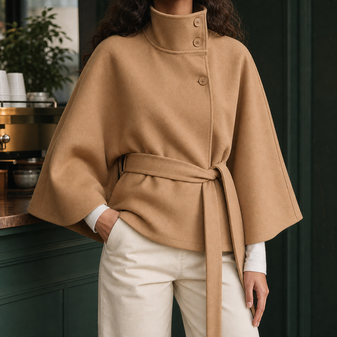 Evelina-Grace Belted Cape Coat - Khaki