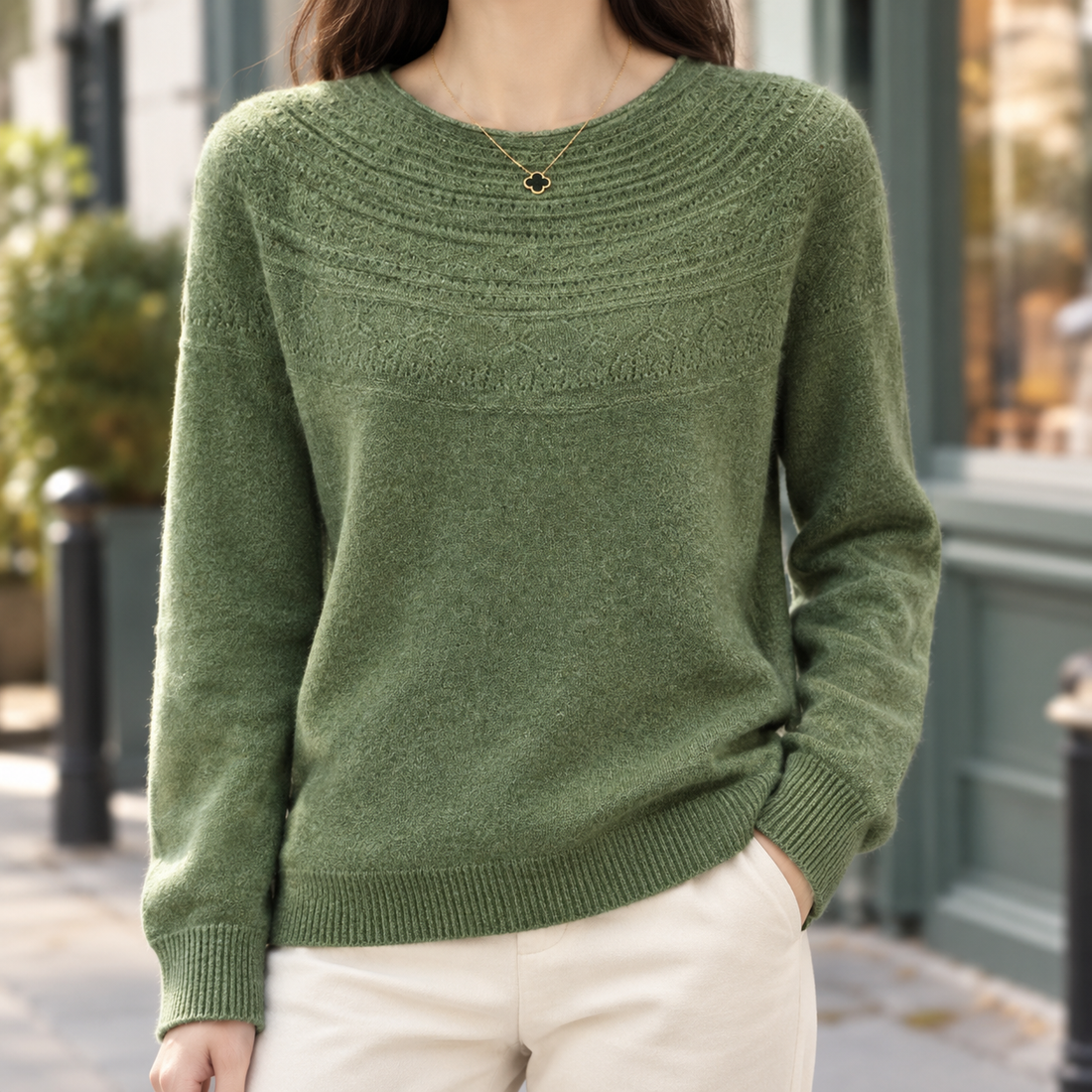 Ysabel Pointelle Sweater - Olive Green