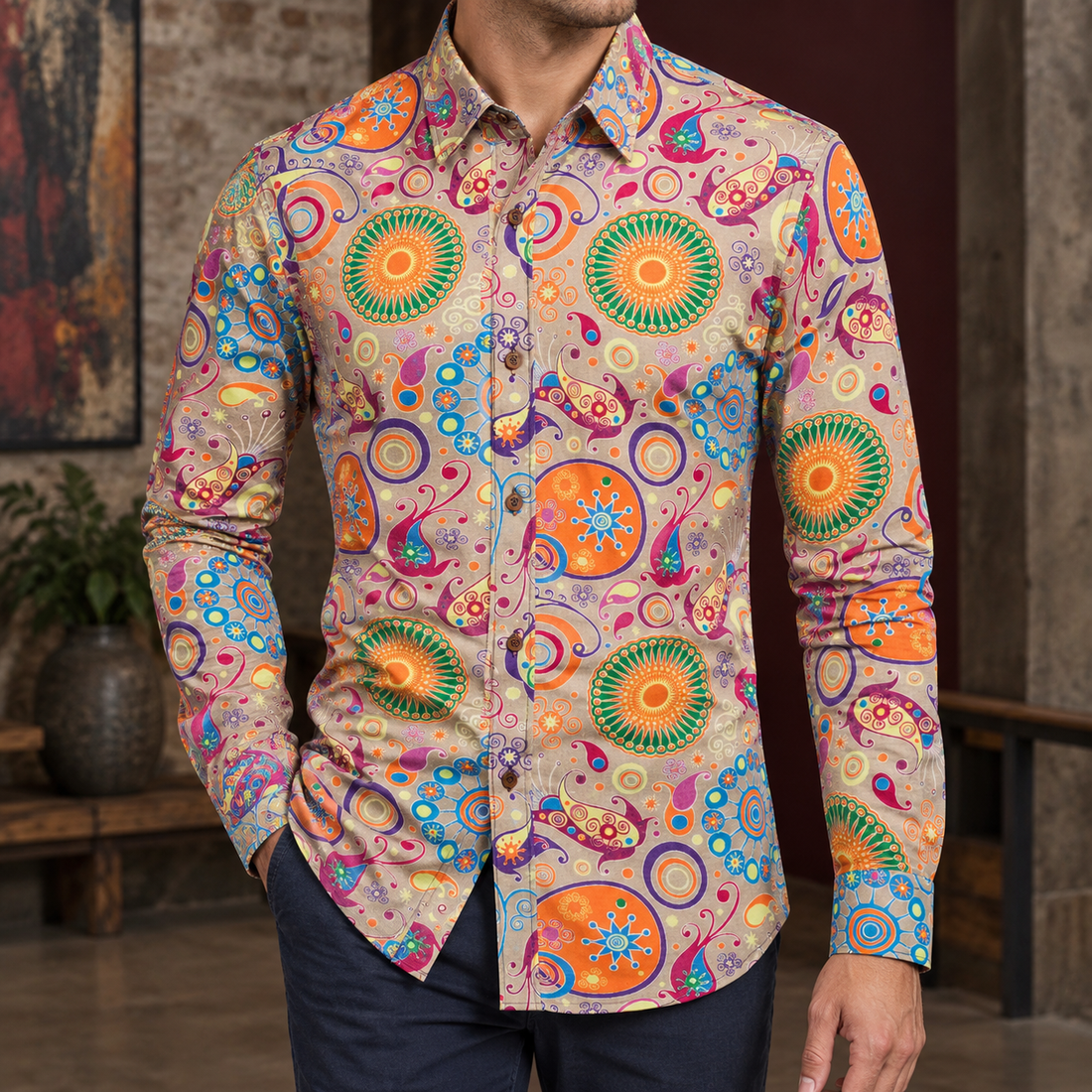 Jude-Lane Printed Shirt - Khaki Multicolour