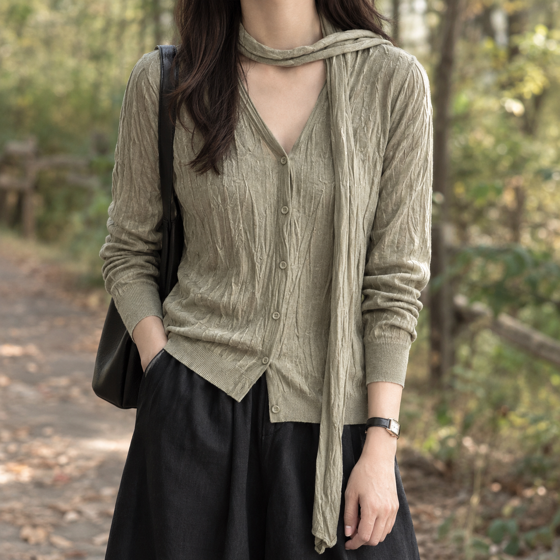 Charlize-Lane Textured Cardigan - Khaki