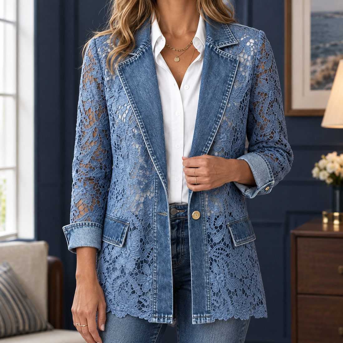 Carmen-Elise Lace Panel Jacket - Denim Blue