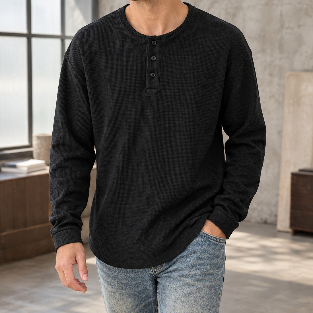 Thomas Waffle Henley - Black