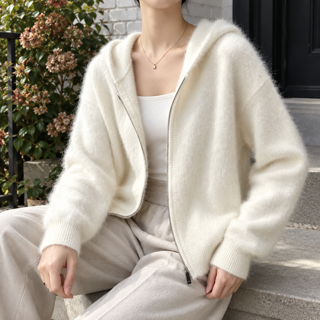 Demelza Cashmere Hoodie - Milky White