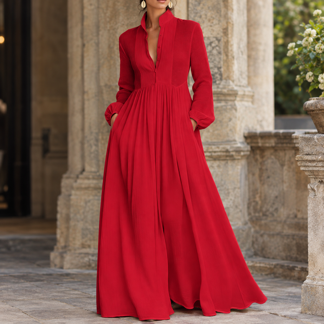 Constance Gathered Maxi Dress - Red