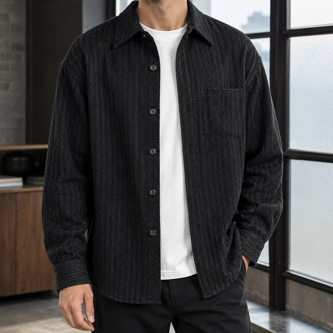 Gideon-Reid Herringbone Overshirt - Black
