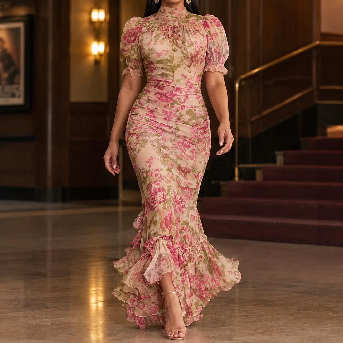 Renata-June Mermaid Dress - Blush Pink Floral