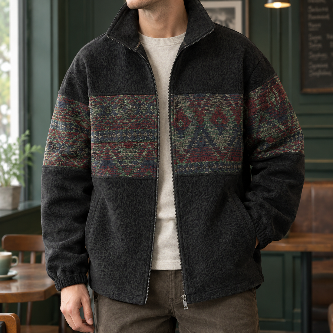 Clement Patterned Fleece Jacket - Black