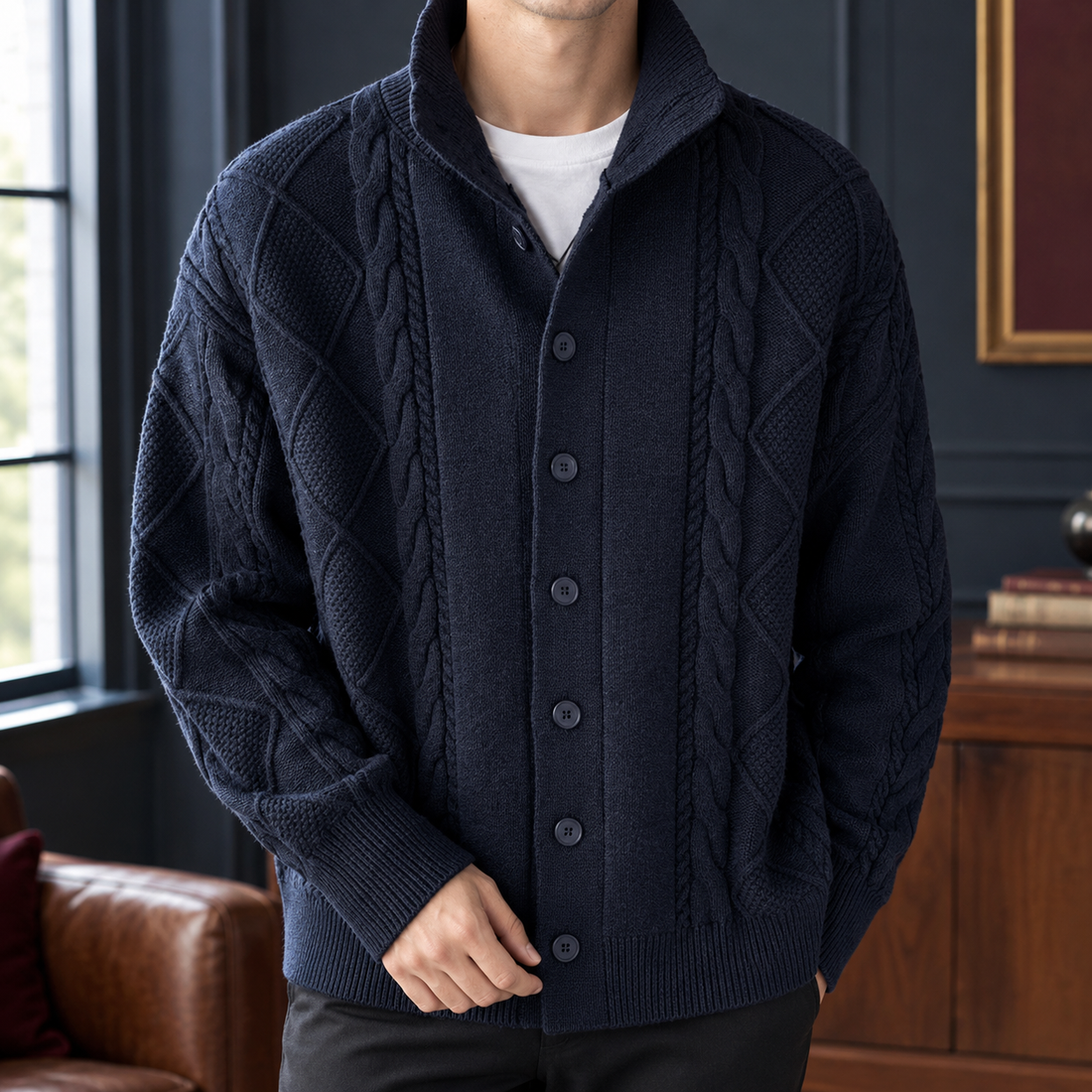 Laurence Cable Knit Cardigan - Navy Blue