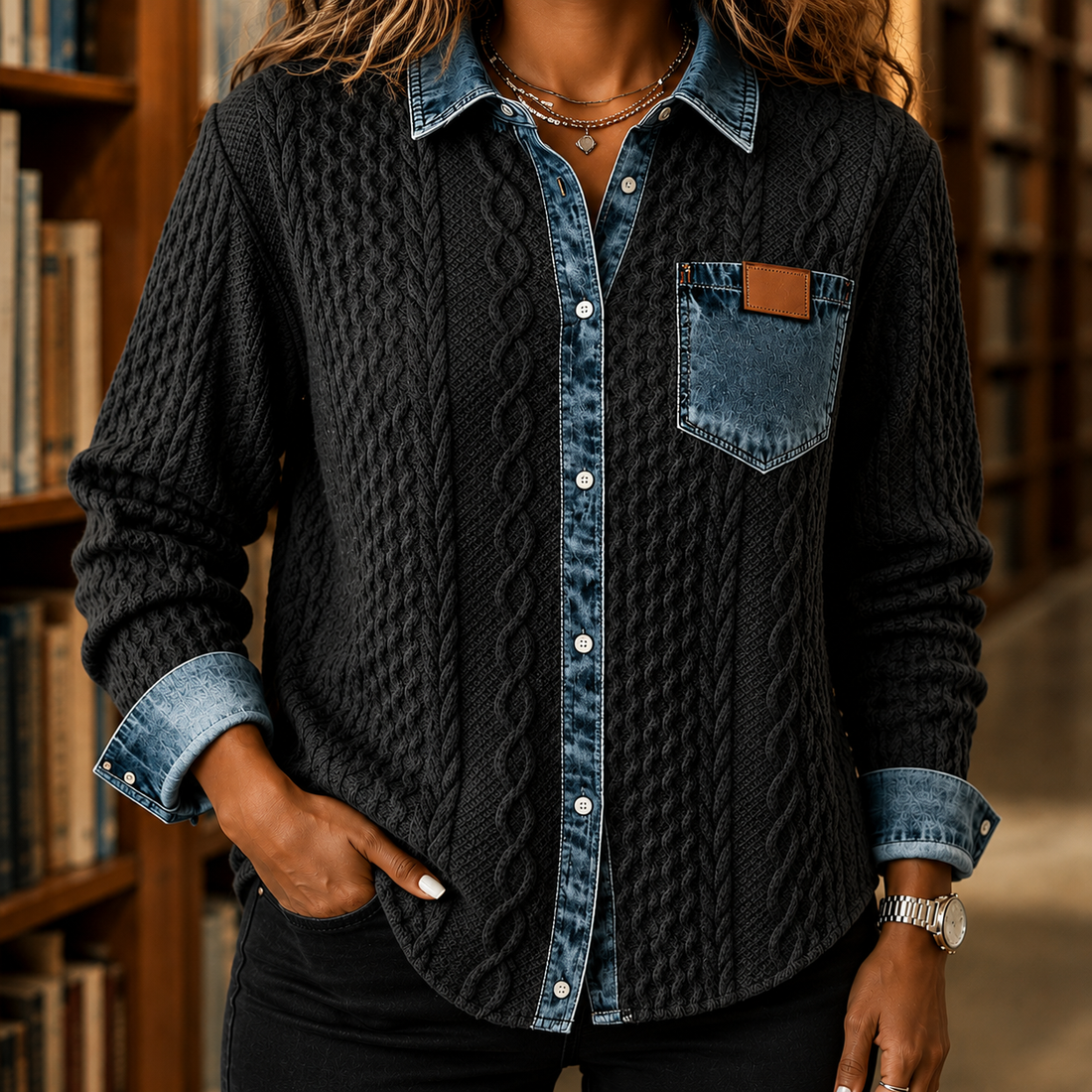 Daphne Cable Knit Shirt - Dark Blue