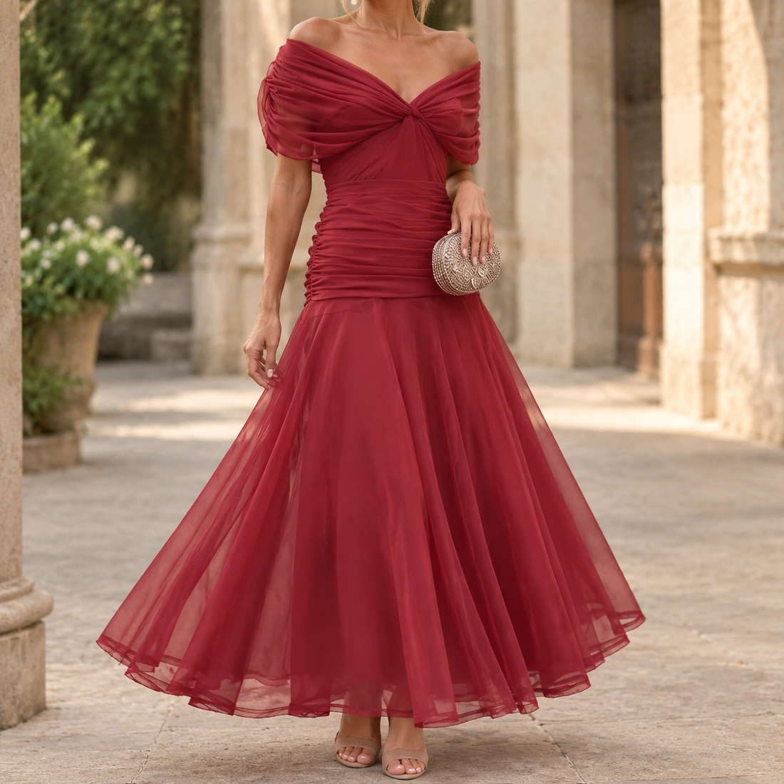 Annabeth Draped Maxi Dress - Dark Red