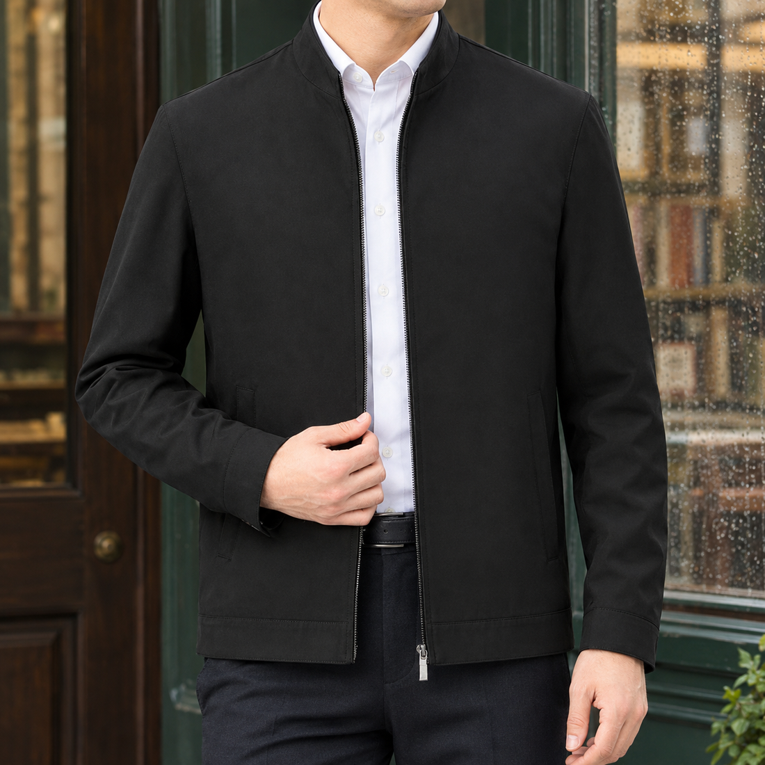 Stefan Silk Jacket - Black Stand Collar