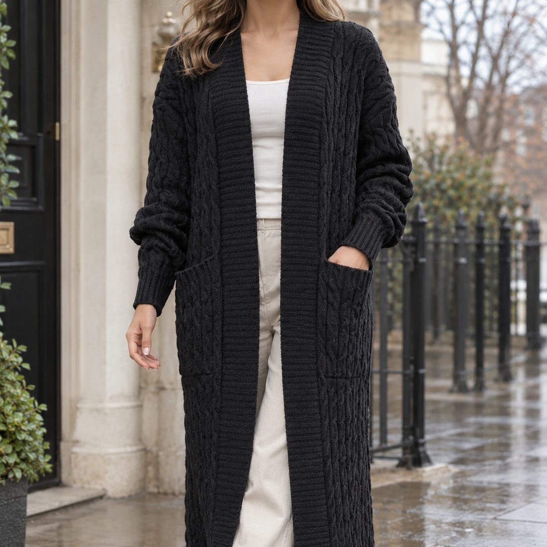 Naomi-Hope Cable Knit Cardigan - Black