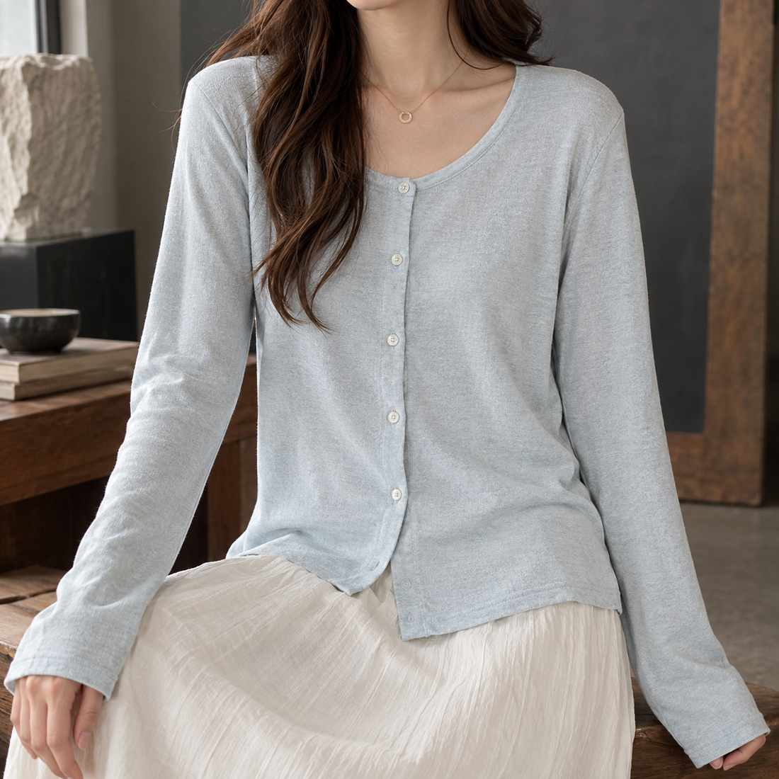 Guinevere-Hope Linen Cardigan - Light Blue