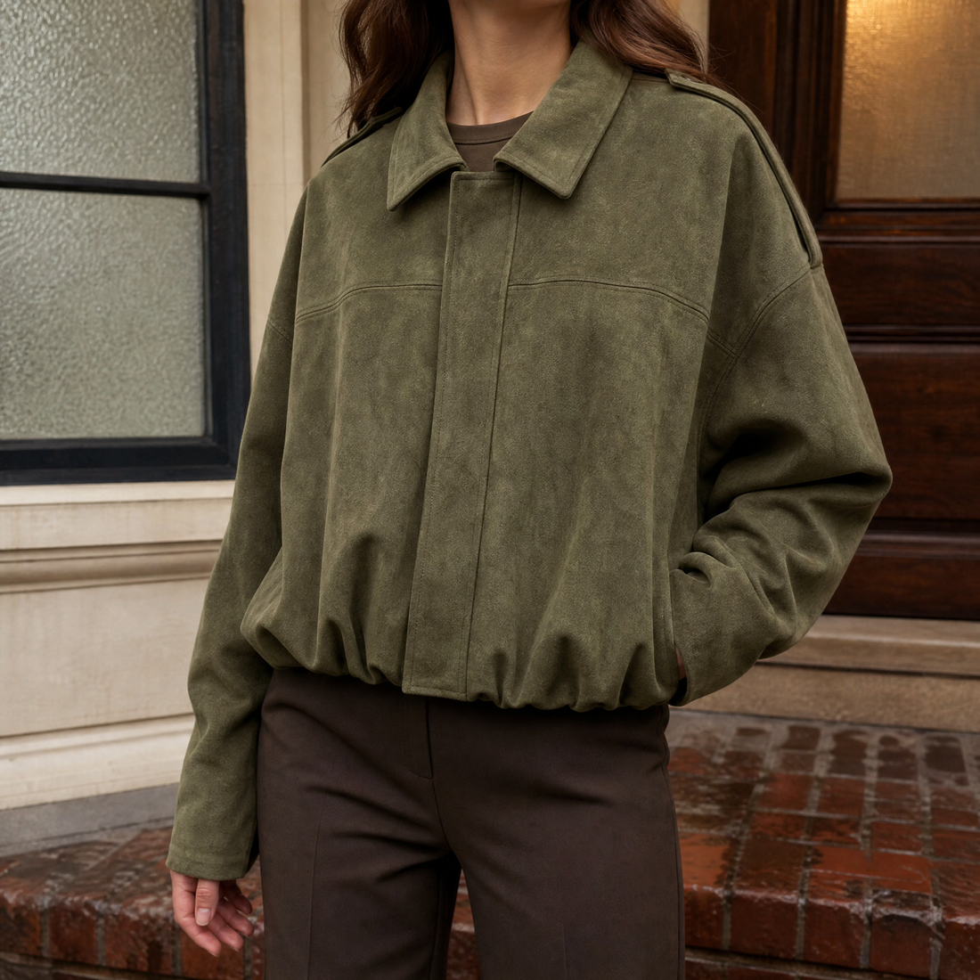 Annalise Suede Bomber Jacket - Army Green