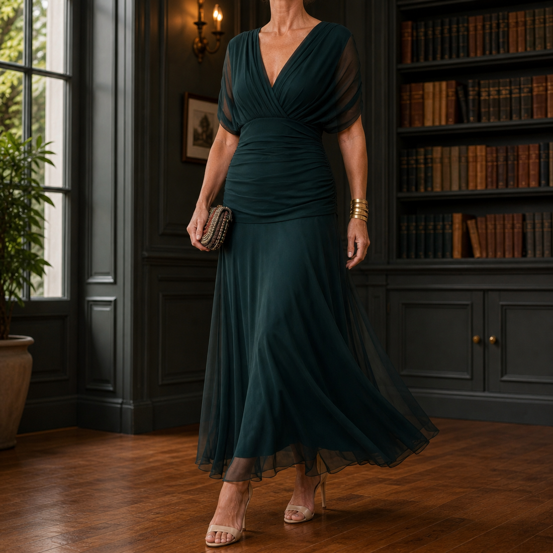 Serena-Pearl Draped Maxi Dress - Dark Green
