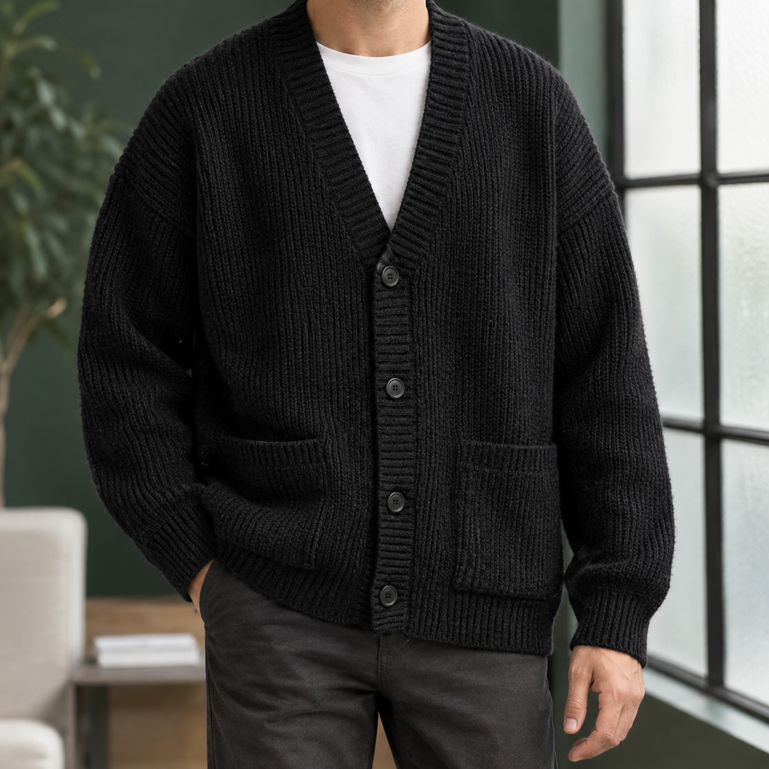 Ilario Ribbed Cardigan - Black