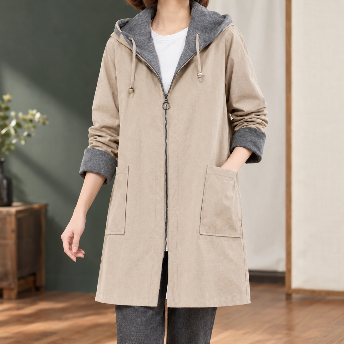 Bella-Elise Hooded Coat - Khaki