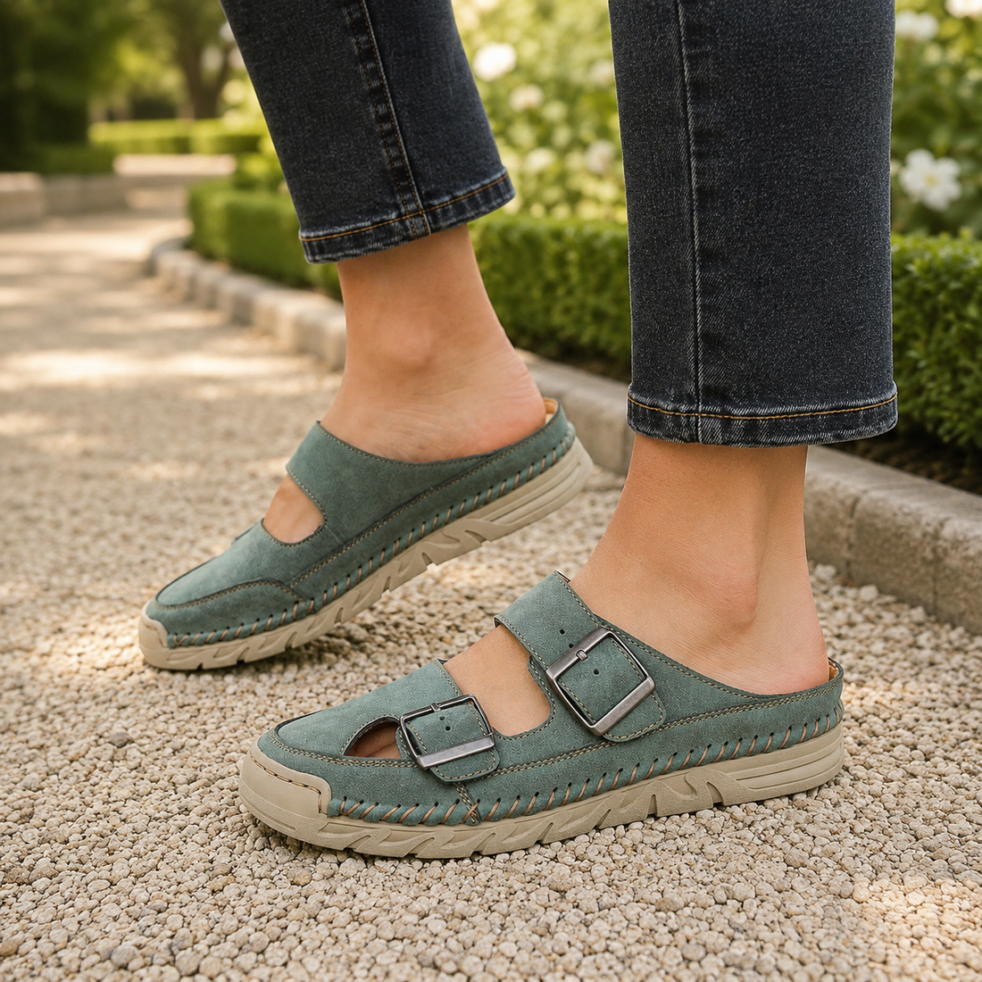 Vicenza Buckle Mules - Green