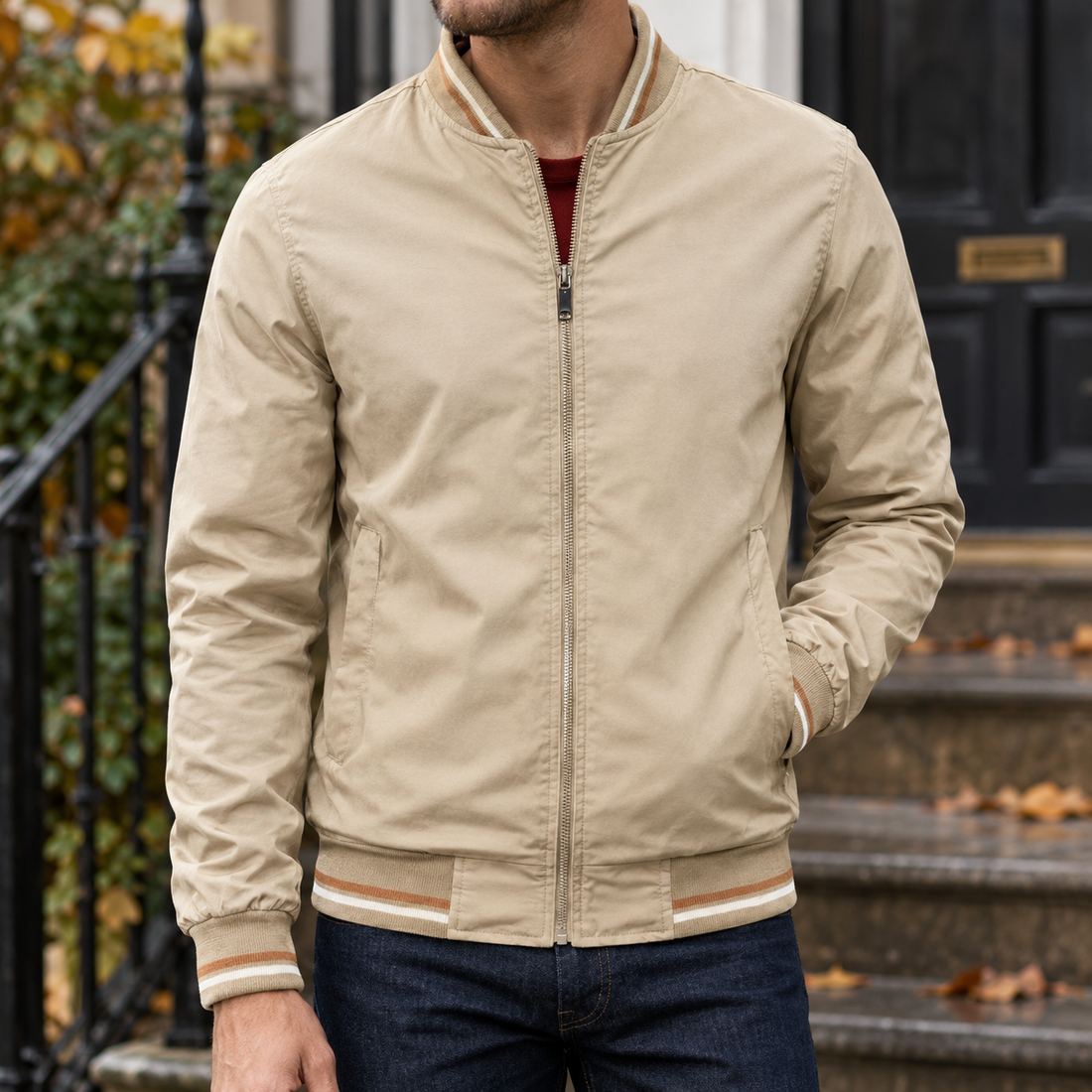 Armand-James Striped Bomber Jacket - Khaki