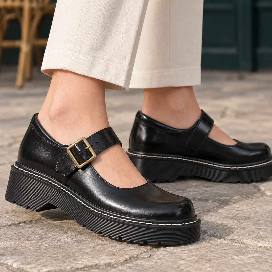 Caffaro Platform Mary Janes - Black