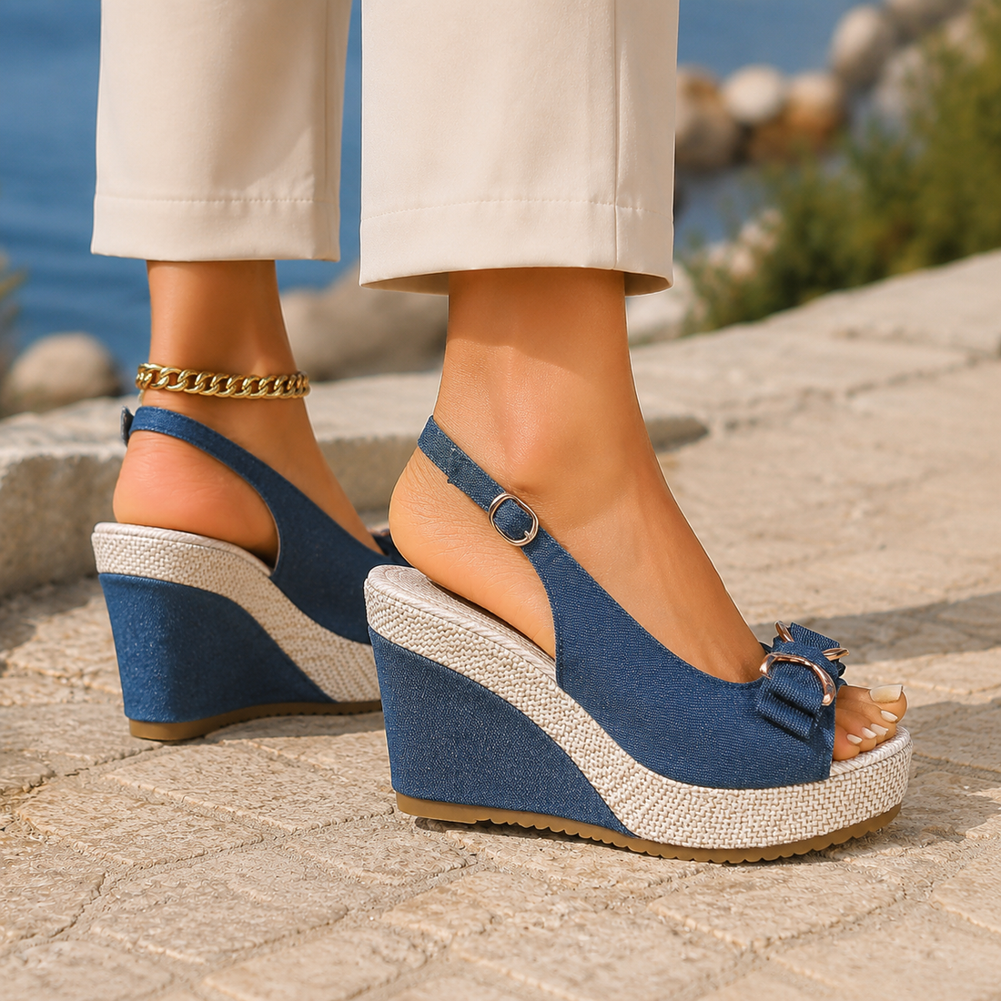 Loreto Denim Bow Wedges - Lead Alternate View