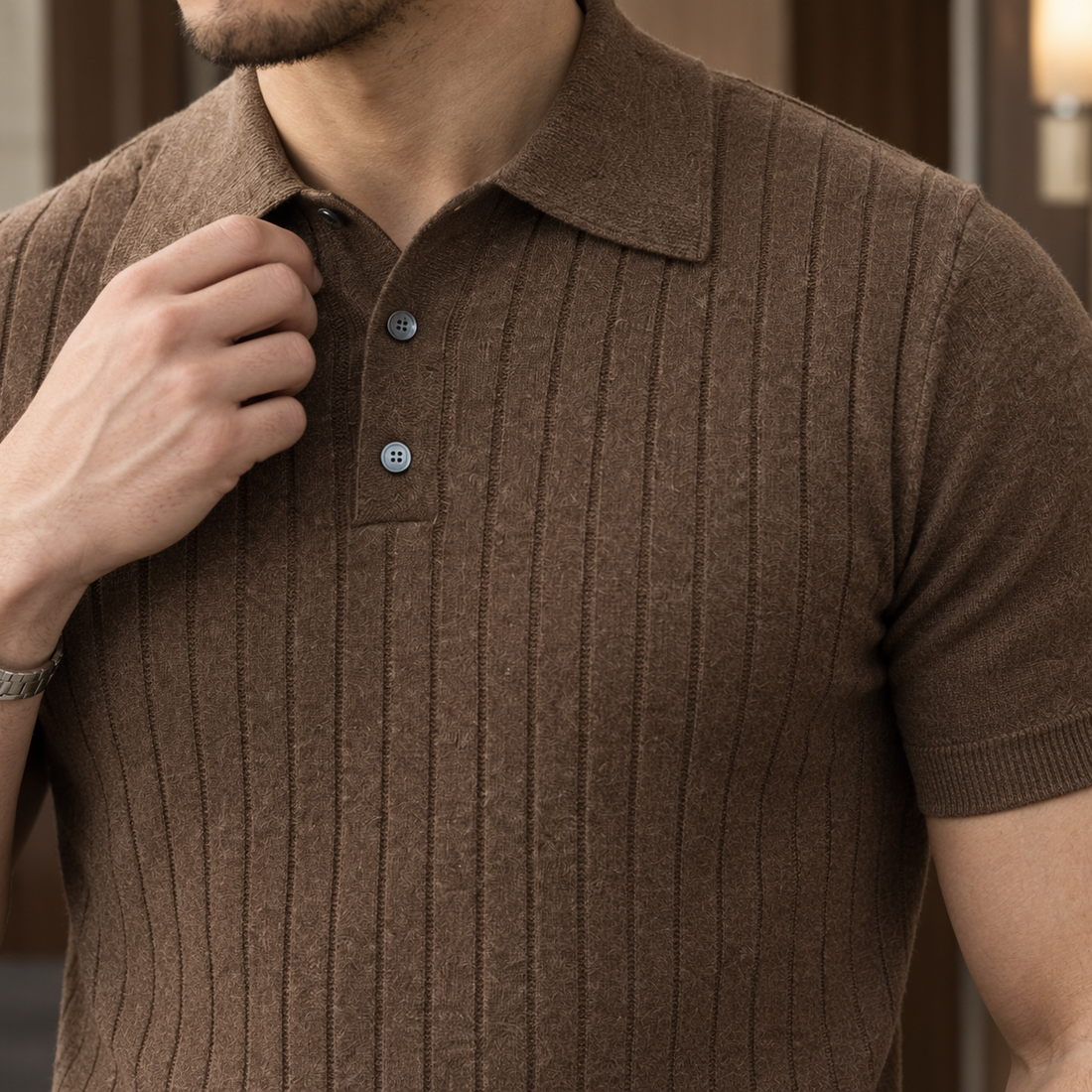 Eamon Ribbed Knit Polo - Lead Product Detail
