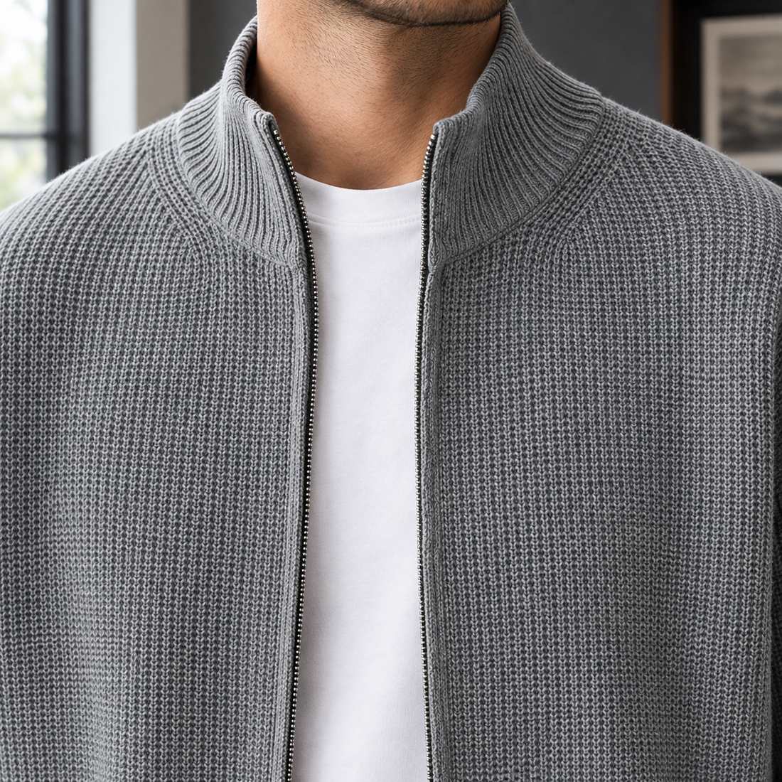 Isaac Ribbed Zip Sweater - Lead Product Detail