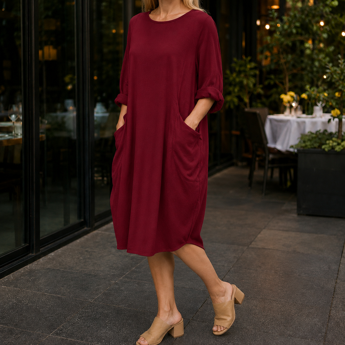 Greta-Marie Cocoon Pocket Dress - Dark Red