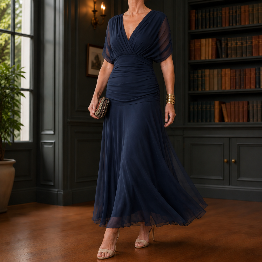 Serena-Pearl Draped Maxi Dress - Dark Blue