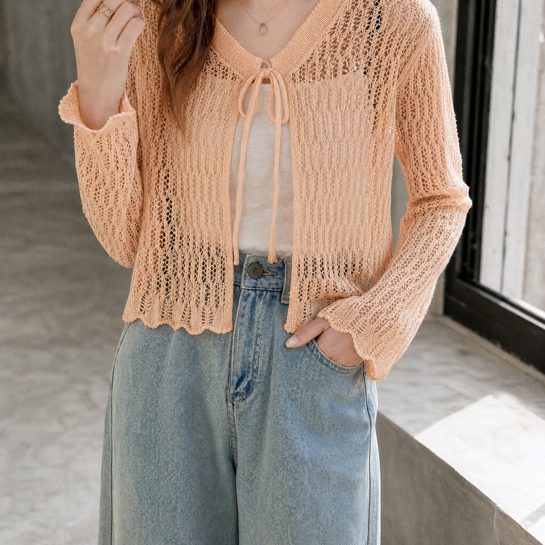 Bridget Pointelle Cardigan - Apricot