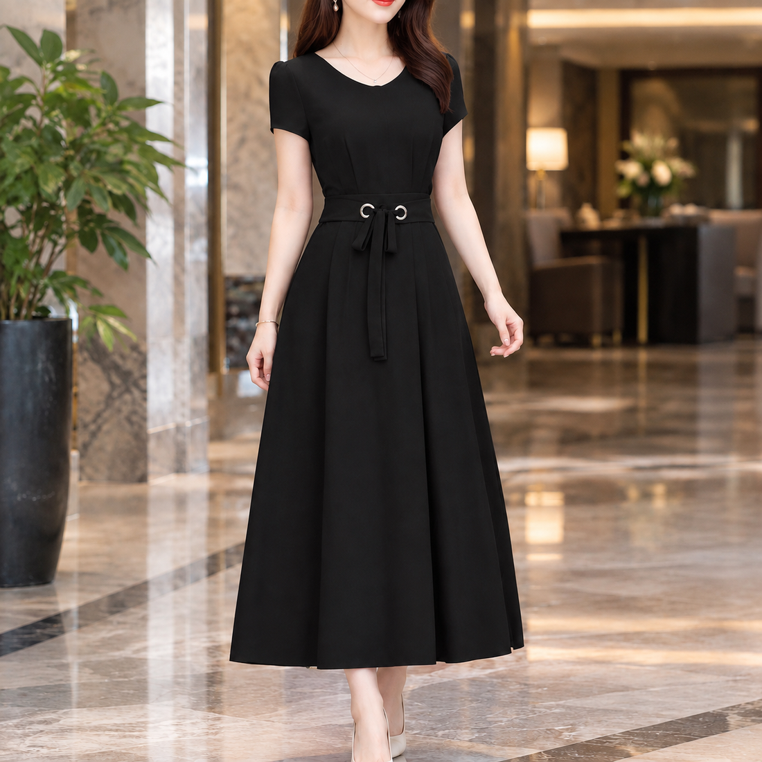 Oriane Belted Midi Dress - Black