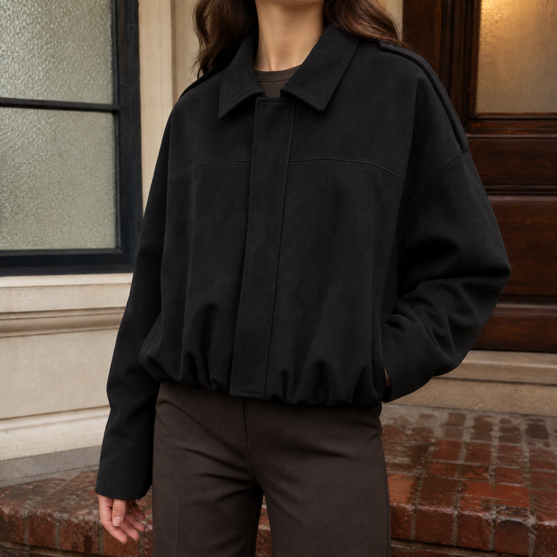 Annalise Suede Bomber Jacket - Black