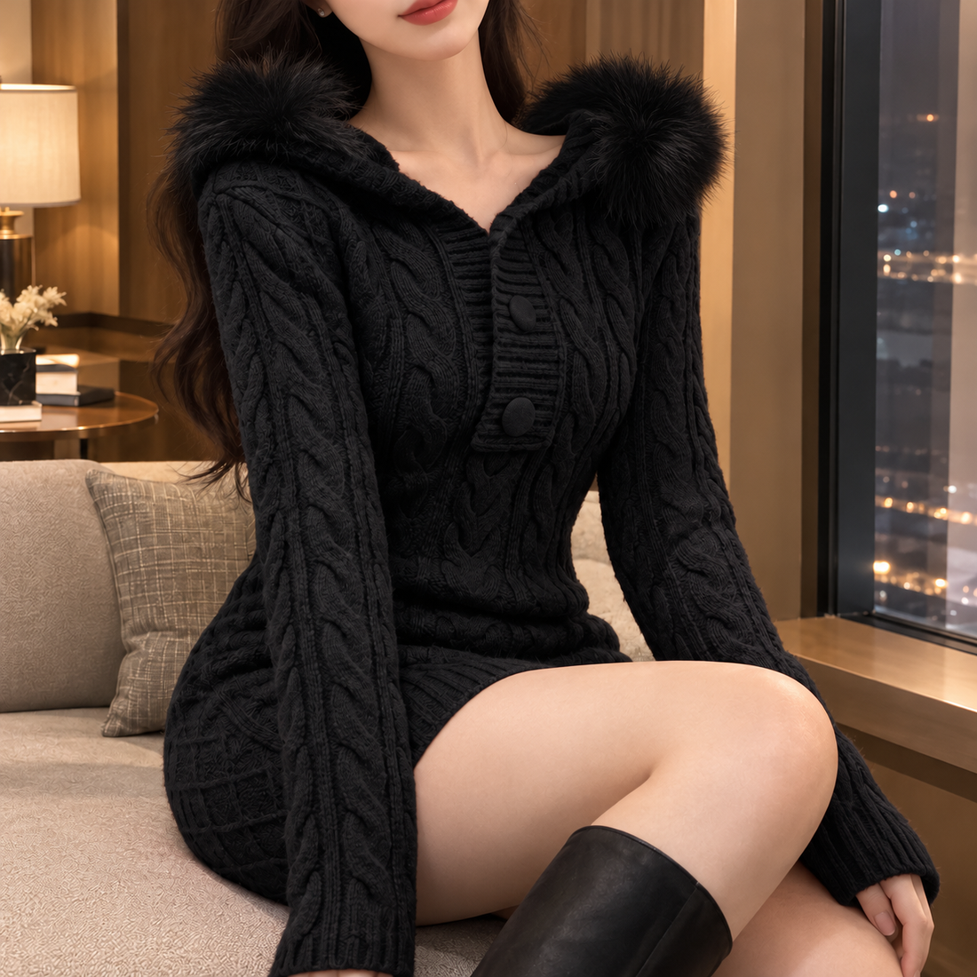 Millie-Kate Cable-Knit Dress - Black
