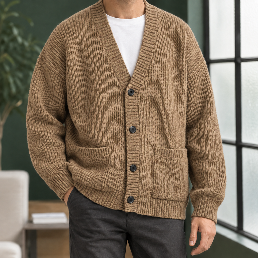 Ilario Ribbed Cardigan - Khaki