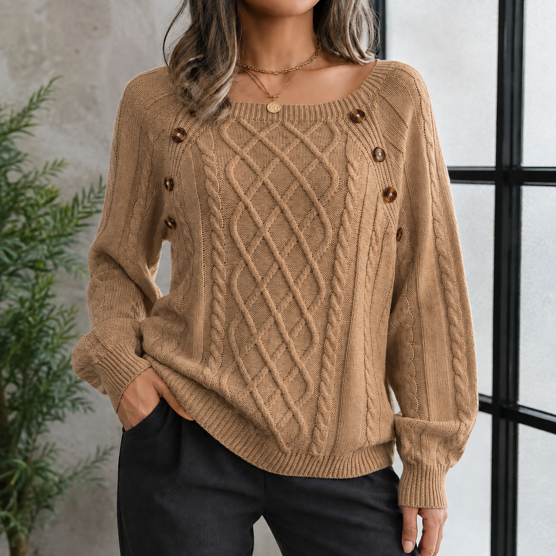 Abigail Cable Knit Sweater - Khaki