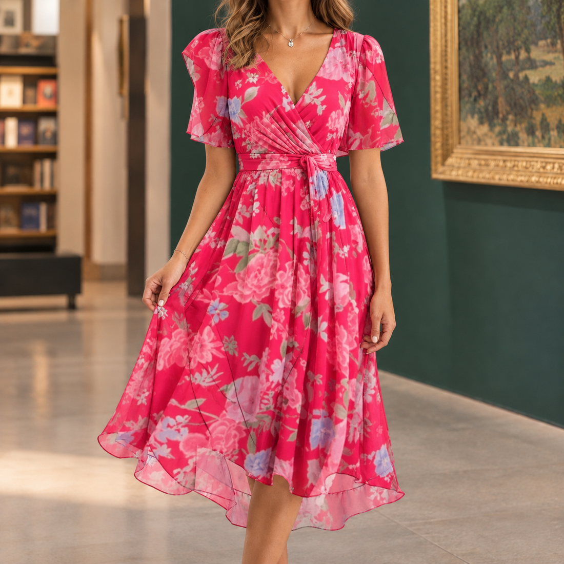 Ilaria-Eve V Neck Dress - Pink