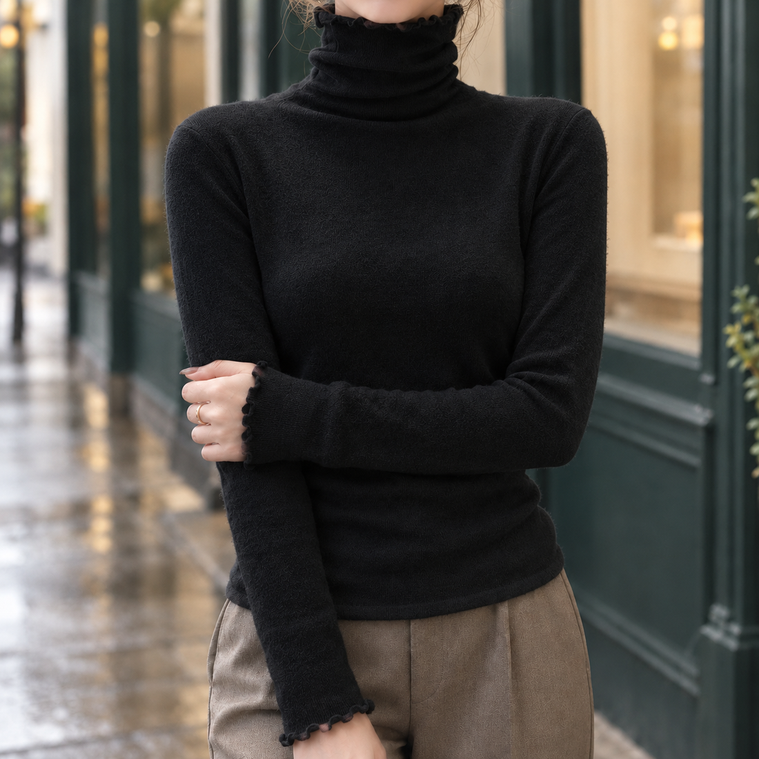 Cassidy-Faye Ruffle Turtleneck Top - Black