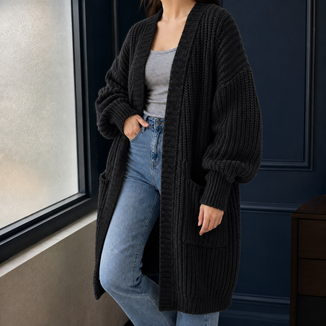 Alexandra-Faye Ribbed Cardigan - Black