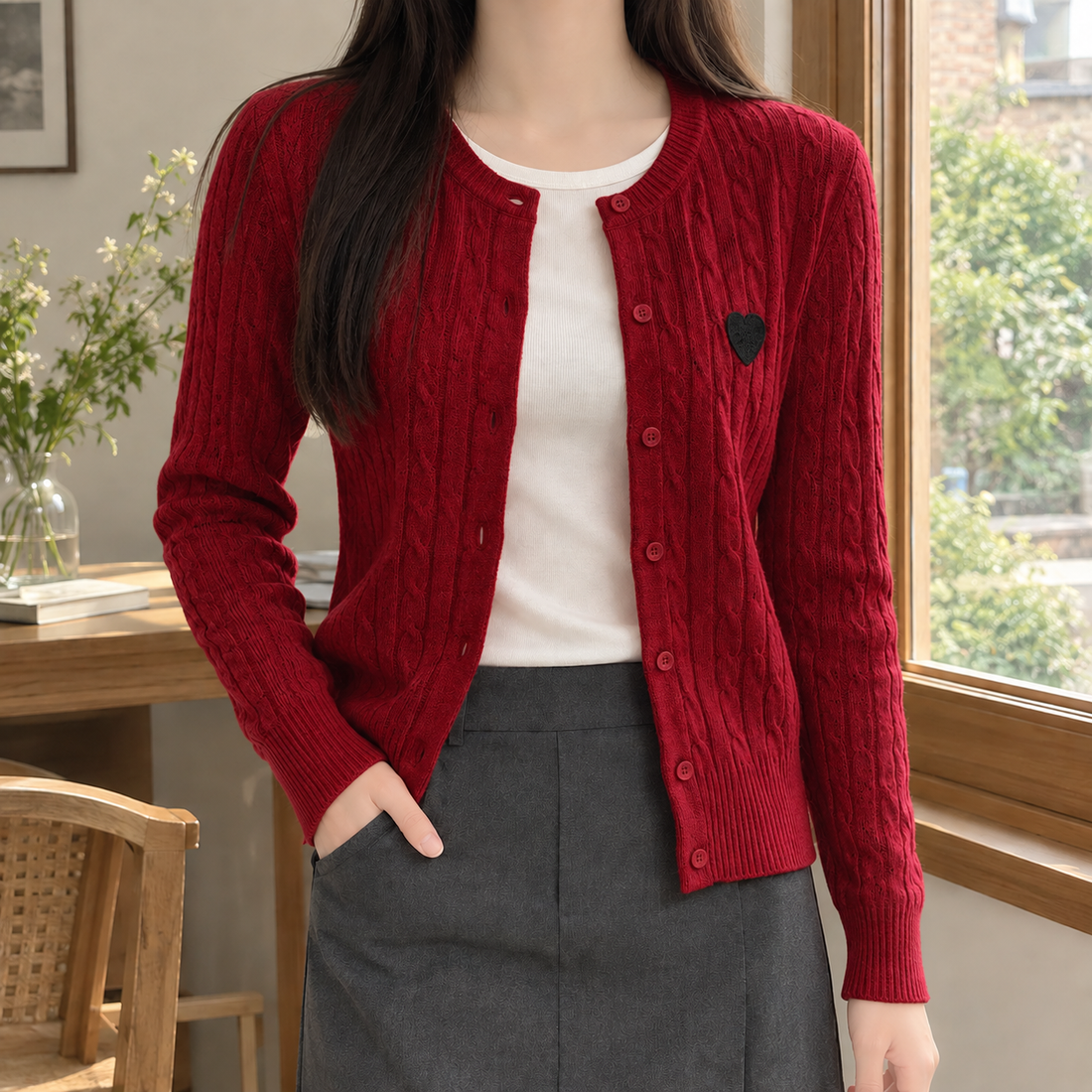 Andrina Round Neck Cardigan - Red
