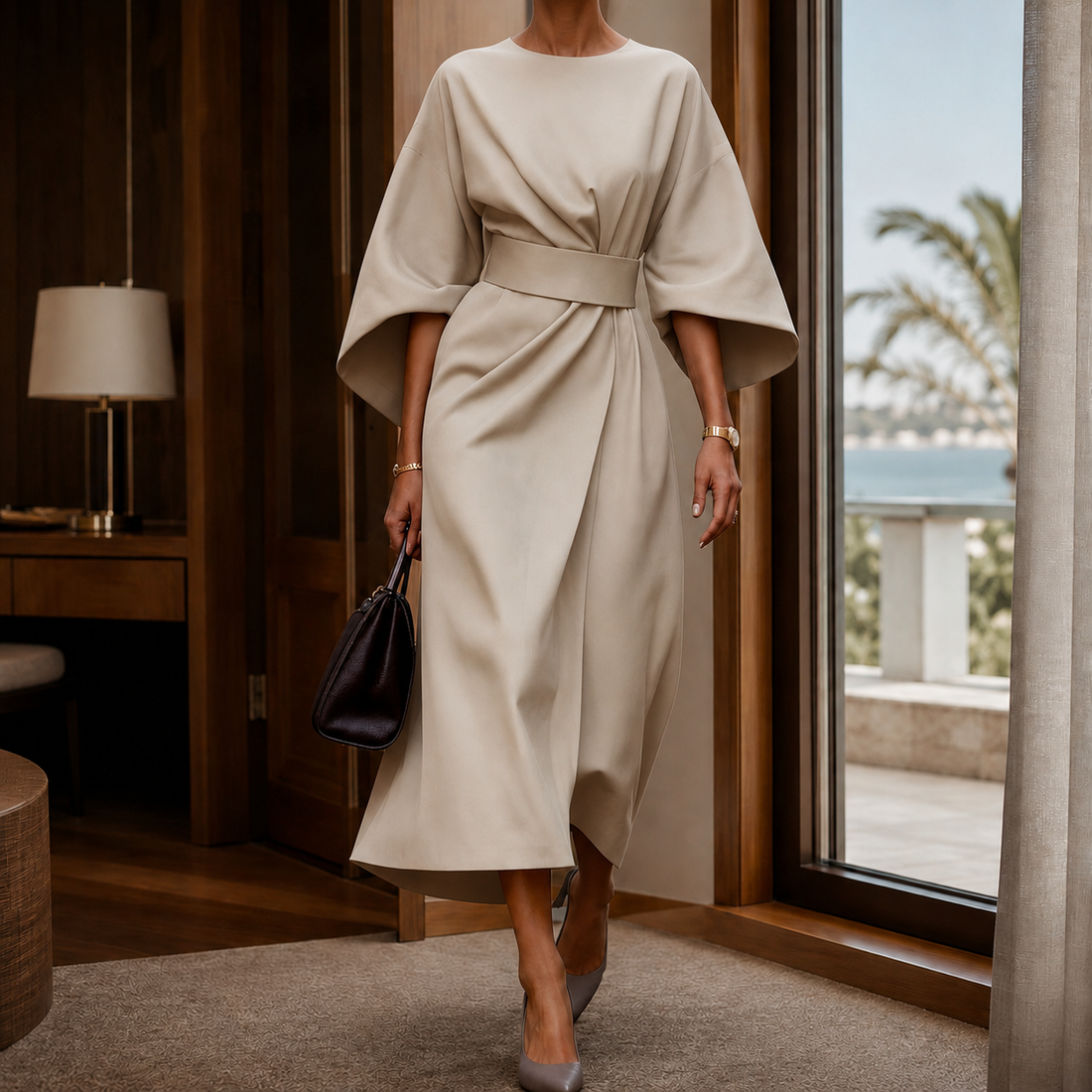 Astrid-Hope Belted Midi Dress - Beige