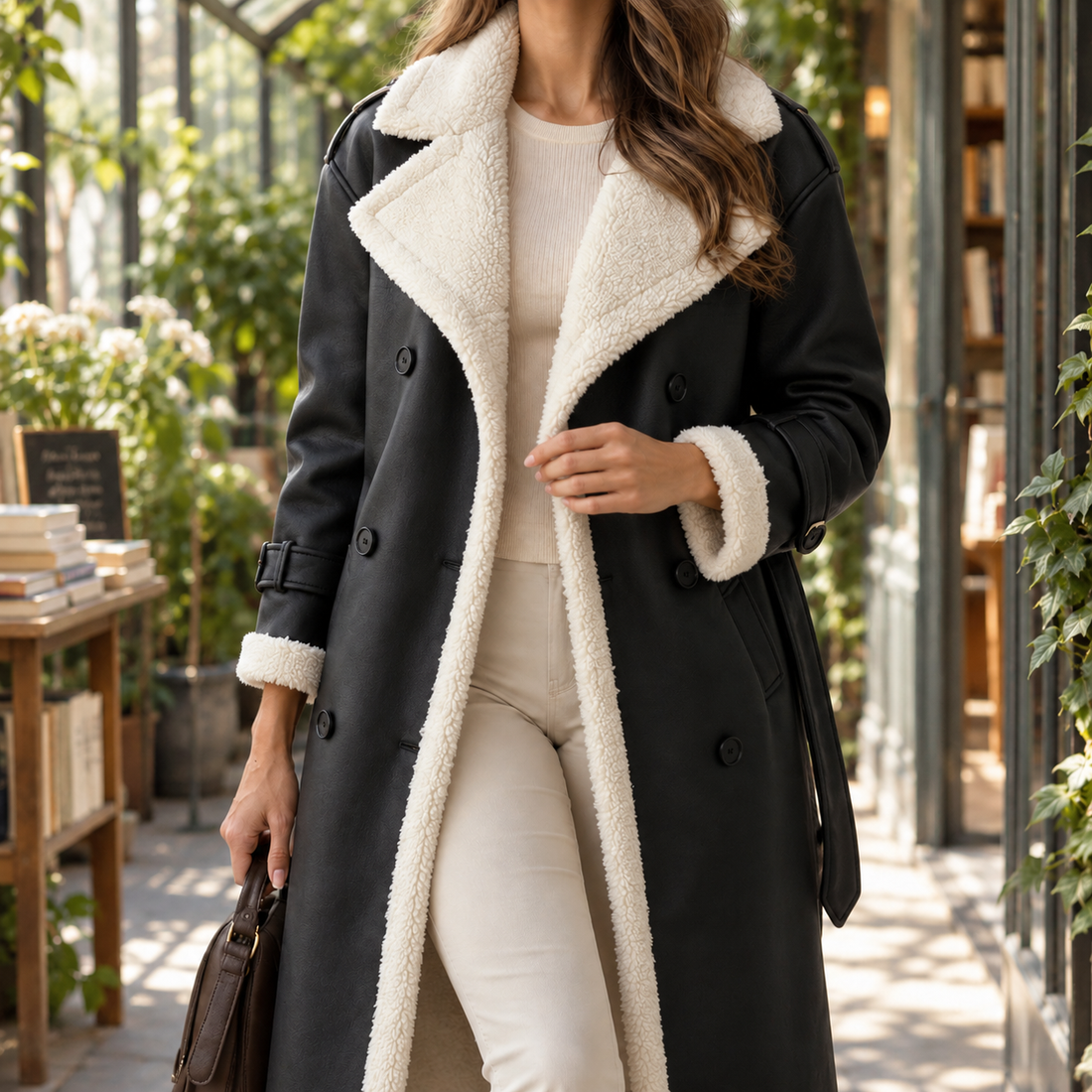 Soledad-Louise Shearling Trim Coat - Black