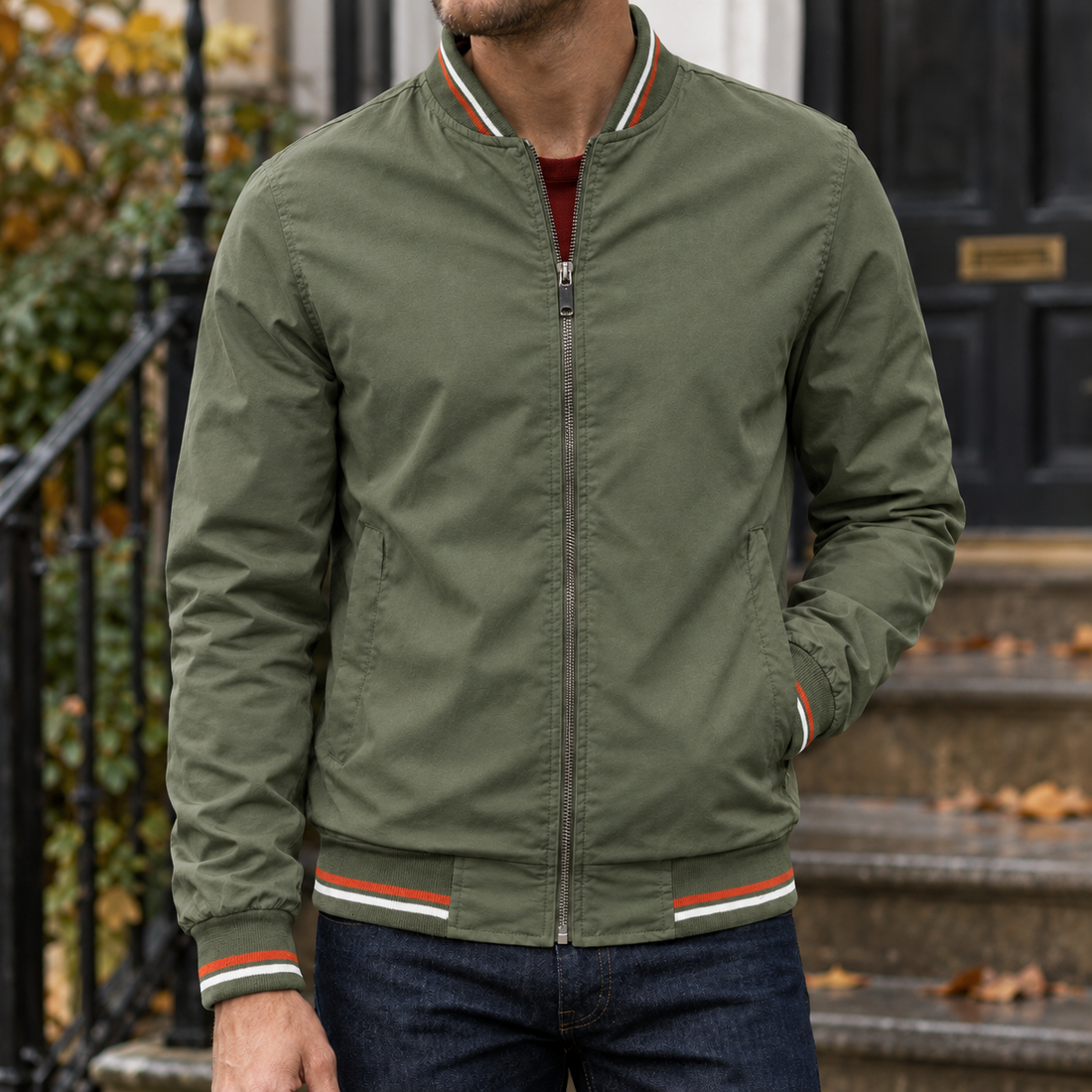 Armand-James Striped Bomber Jacket - Green