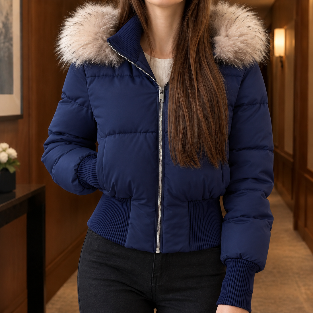 Gwendolen Fur Collar Jacket - Navy Blue