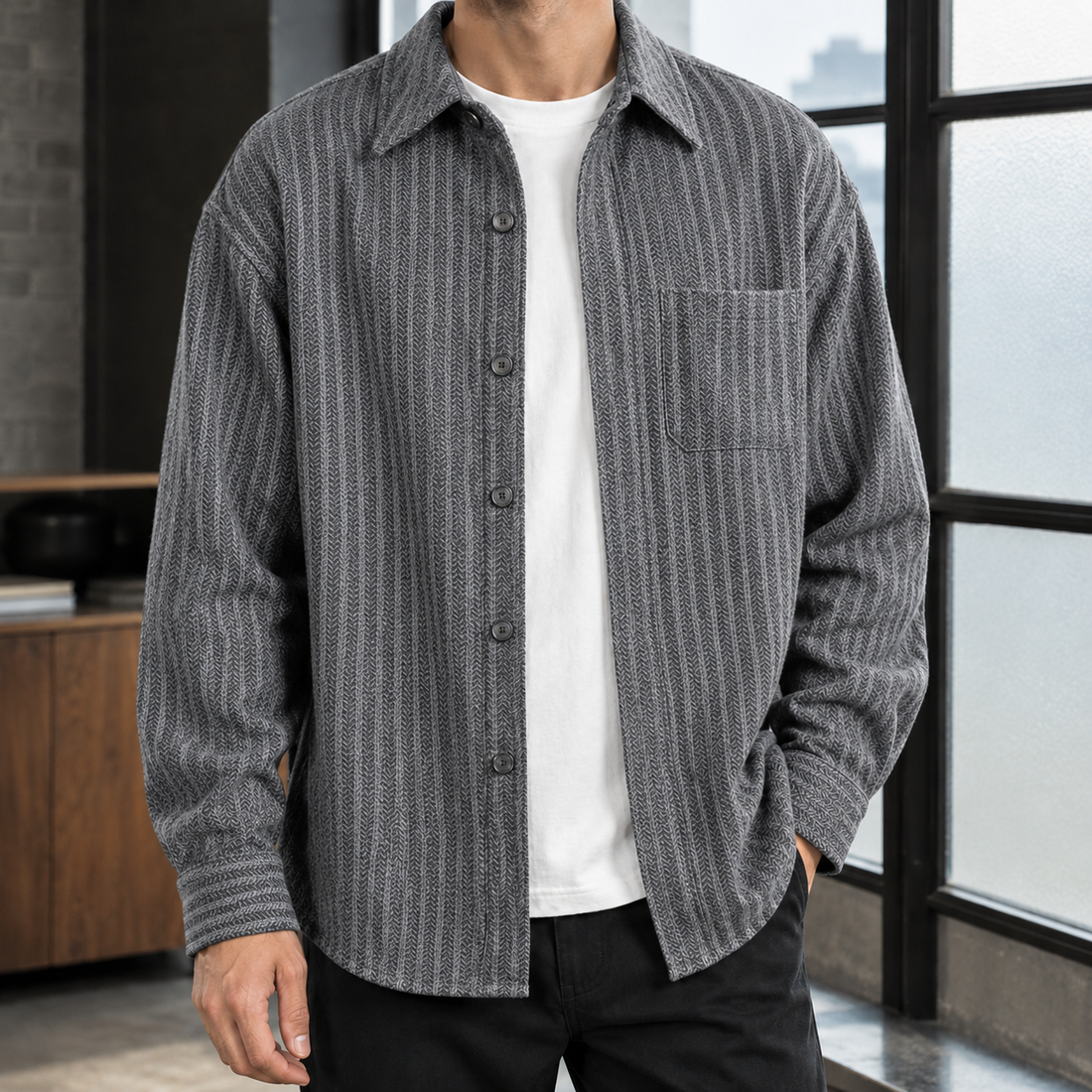 Gideon-Reid Herringbone Overshirt - Gray