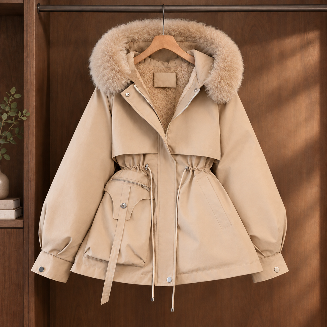 Sabina-Jade Plush Trim Parka - Khaki
