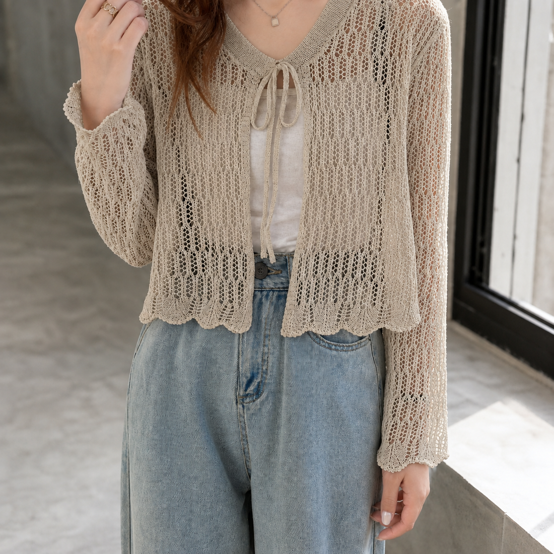 Bridget Pointelle Cardigan - Khaki